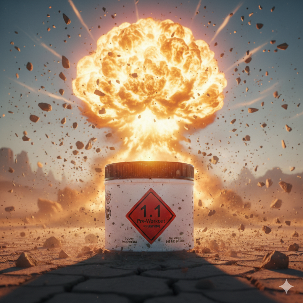 Explosive container labeled '1.1 Pre-Workout' in a desert setting