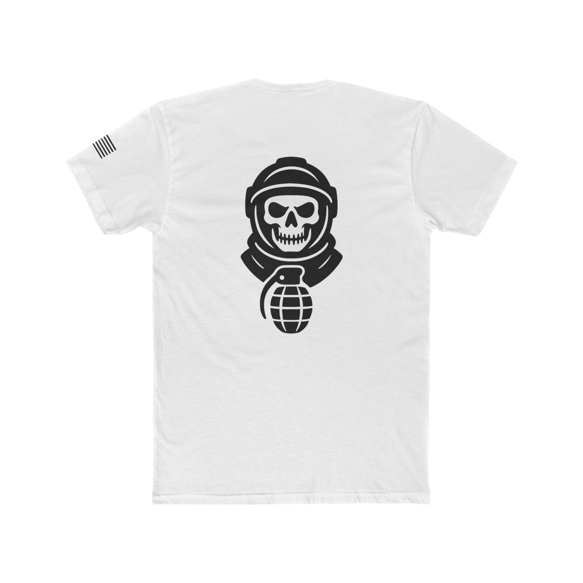 White t-shirt with black graphic design of a skull wearing a helmet and holding a grenade on a white background.