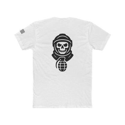White t-shirt with black graphic design of a skull wearing a helmet and holding a grenade on a white background.