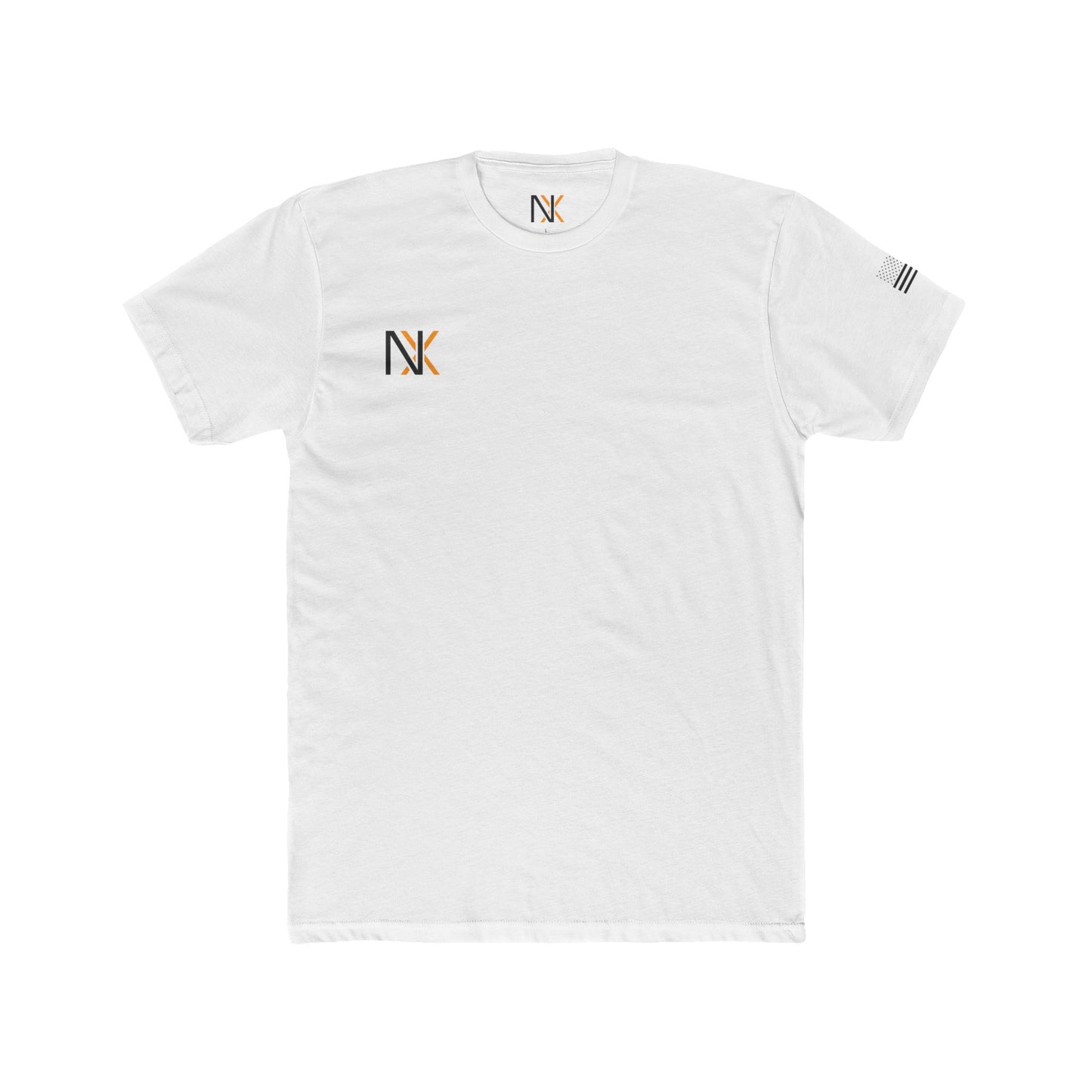 White t-shirt with a logo on the chest and text on the sleeve against a white background