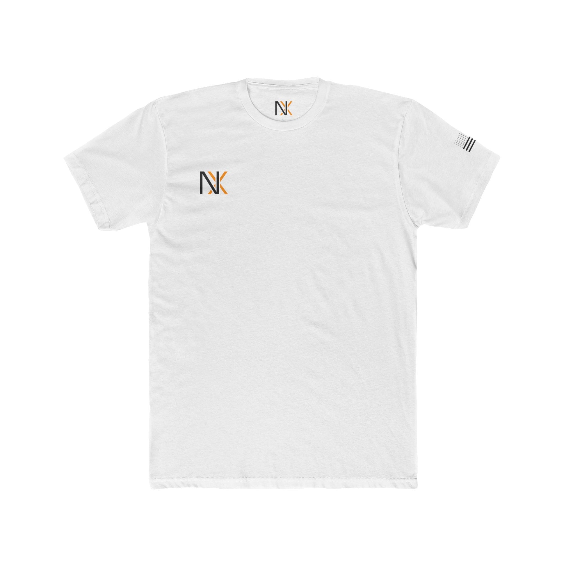 White t-shirt with a logo on the chest and text on the sleeve against a white background