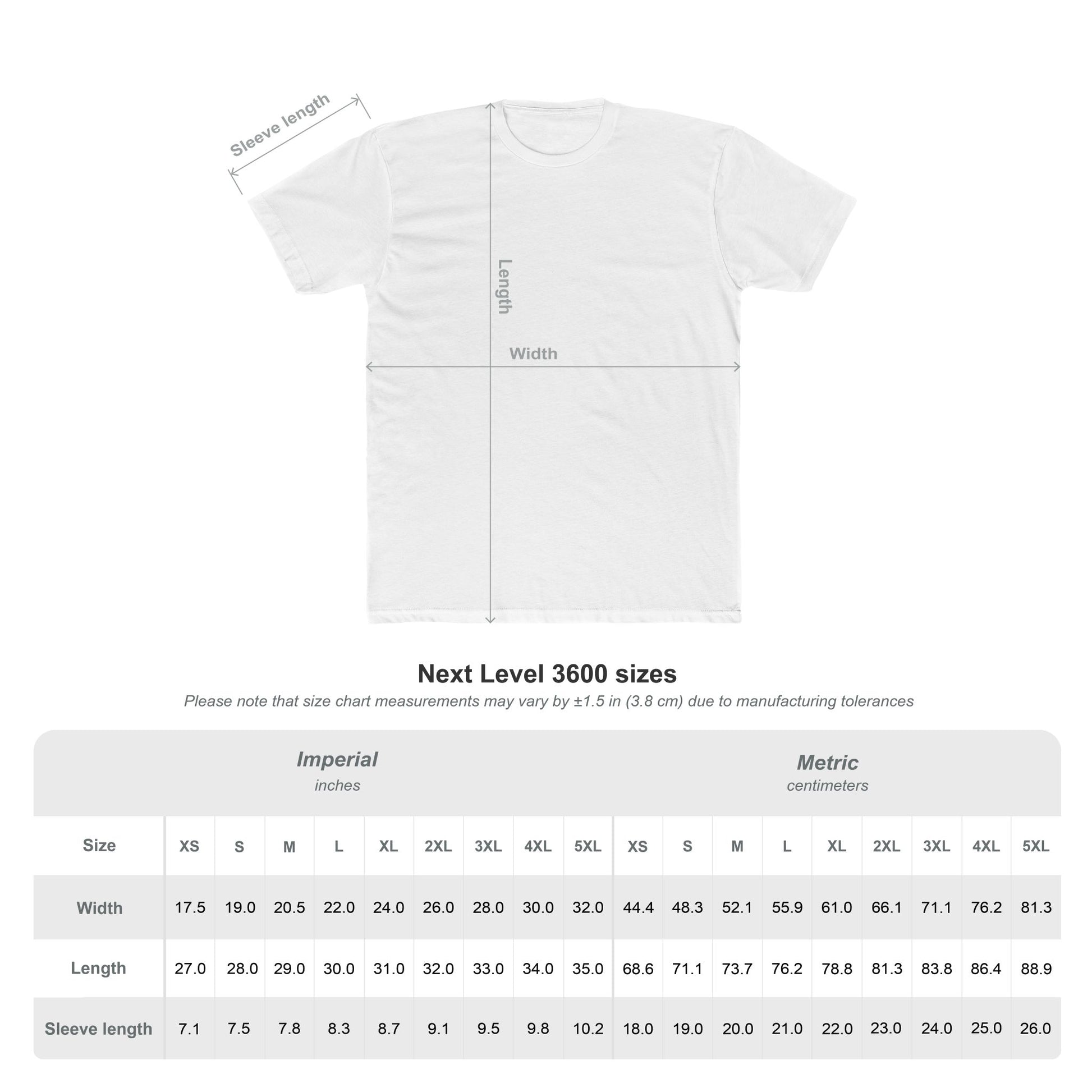 Sizing chart for t-shirts